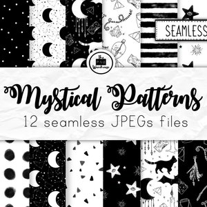 May include: A set of 12 black and white seamless patterns featuring mystical and celestial themes. The patterns include stars, moons, crystals, and other magical elements. The text "Mystical Patterns" and "12 seamless JPEGs files" is included in the image.