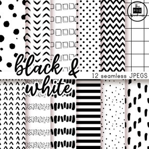 May include: Twelve black and white seamless patterns in a digital download. The patterns include polka dots, stripes, squares, zigzags, and brushstrokes.