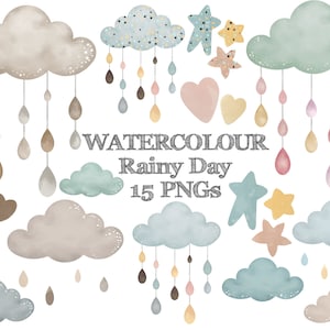 15 RAINY DAY AQUARELL pngs - 15 png Clip Art Designs - Instant Download - 300 dpi - digital asset - Wolken Regen Herzen pastell blau rosa