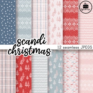 May include: Twelve seamless digital paper patterns in a Scandinavian Christmas theme. The patterns feature a variety of designs, including polka dots, stripes, snowflakes, and Christmas trees. The colors are mostly pink, blue, and white.