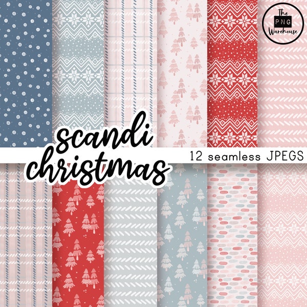 SCANDI CHRISTMAS - Digital Paper Pack - 12 JPegs - instant download - 300dpi - 12x12 inch seamless patterns backgrounds watercolor fairisle