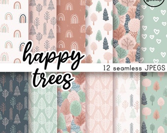 HAPPY TREES - Digital Paper Pack - 12 JPegs - instant download - 300dpi - 12x12 inches - seamless patterns backgrounds rainbows patterns
