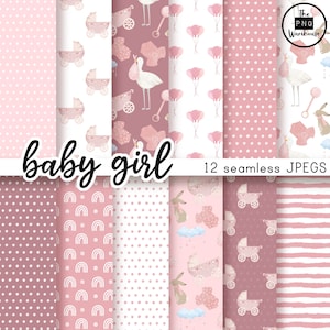 Puede incluir: Doce diseños de papel digital en rosa y blanco con varios temas de niña, incluyendo cochecitos, arcoíris, conejos y lunares. El texto "baby girl" está escrito en cursiva negra.