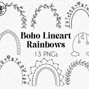 BOHO RAINBOWS Lineart Elements - 13 projektów clipartów png - natychmiastowe pobranie 300 dpi line art niewypełnione ręcznie rysowane elementy bazgroły czarny