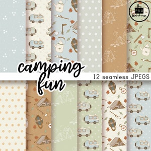 CAMPING FUN - Pacote de papel digital - 12 JPegs - download instantâneo - 300 dpi - 12 x 12 polegadas - padrões sem emenda, fundos, van de campista de folhas de outono