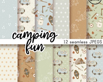 May include: Twelve digital paper patterns featuring camping themes. The patterns include illustrations of tents, campfires, a compass, a teapot, a camper van, and stars. The patterns are in various colors, including blue, green, brown, and white.