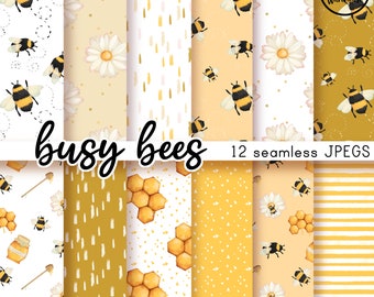 BUSY BEES - Digital Paper Pack - 12 JPegs - instant download - 300dpi - 12x12 inches - seamless patterns backgrounds honey bee daisies