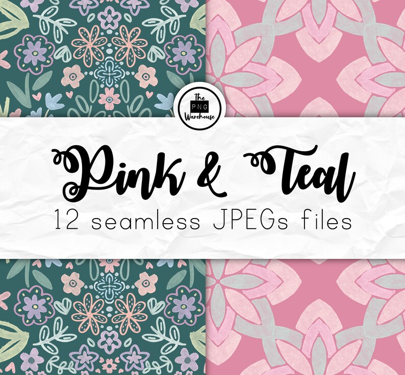 May include: A digital download of 12 seamless patterns in teal and pink featuring floral and geometric designs. The text "Pink & Teal" and "12 seamless JPEGs files" is displayed on a white background.