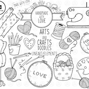 May include: Black and white line art illustrations of various arts and crafts supplies, including yarn, needles, a sewing machine, a paint palette, and a hoop with the word "LOVE" embroidered on it. The text "Handmade with Love" and "Arts and Crafts Doodles" are also included in the image.