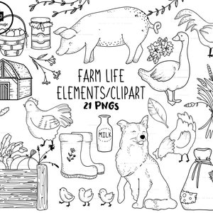 FARM LIFE Lineart Elements - 21 png clip art designs - instant download 300 dpi line art non filled hand drawn elements doodles black farms