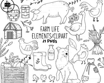 FARM LIFE Lineart Elements - 21 png clip art designs - instant download 300 dpi line art non filled hand drawn elements doodles black farms