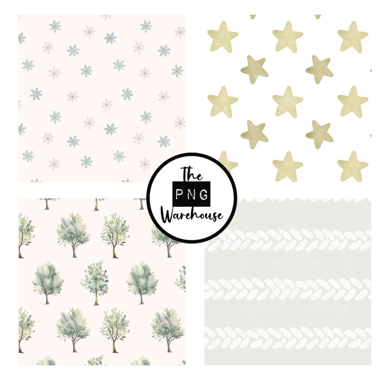 BOHO NATURMÖNSTER - Seamless Pattern Pack - 12 JPegs direktnedladdning 300 dpi 12x12 tum digitala pappersbakgrunder träd löv salvia rost bild 4