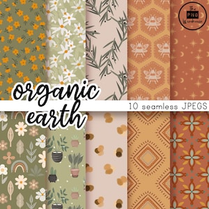 Pacote de papel digital orgânico sem emendas da Terra – 10 fundos rústicos inspirados na natureza, padrões florais e botânicos boho, tons de terra JPEGs 12x12