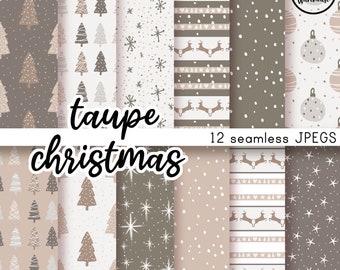 TAUPE CHRISTMAS - Seamless Digital Paper Pack - 12 JPegs - instant download - 300dpi - 12x12 inches - neutral snow trees deer stags festive