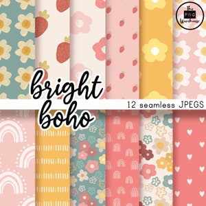 Puede incluir: Un conjunto de 12 patrones de papel digital en un estilo boho brillante. Los patrones presentan arcoíris, flores, corazones y fresas en una variedad de colores, incluyendo rosa, amarillo, azul y verde. El texto "bright boho" y "12 seamless JPEGs" está incluido en la imagen.