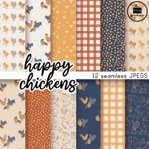 POLLOS FELICES - Paquete de papel digital - 12 JPegs - descarga instantánea - 300dpi - 12x12 pulgadas - fondos de patrones sin fisuras granja mostaza boho