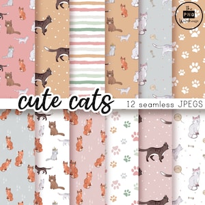 CUTE CATS - Digital Paper Pack - 12 JPegs - téléchargement immédiat - 300dpi - 12x12 pouces - arrière-plans de motifs sans soudure chats kawaii chat rose