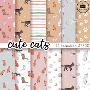 CUTE CATS - Digital Paper Pack - 12 JPegs - instant download - 300dpi - 12x12 inches - seamless patterns backgrounds kawaii cats pink kitty