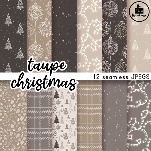 TAUPE CHRISTMAS v2 - Seamless Digital Paper Pack - 12 JPegs - instant download - 300dpi - 12x12 inches - neutral beige cream xmas stars tree