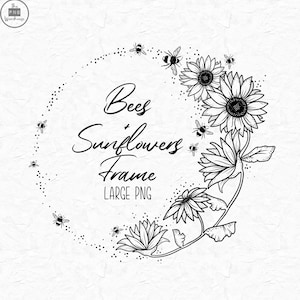 Cadre ABEILLES + TOURNESOLS WREATH - cadre floral dessiné à la main - très grand png - fond transparent - lineart noir - logo fête de mariage