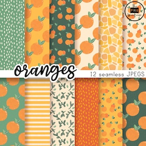 Op de afbeelding: Twaalf naadloze digitale papierpatronen met sinaasappels, bladeren en abstracte ontwerpen in tinten oranje, groen en wit. De tekst "oranges" en "12 naadloze JPG's" is opgenomen in de afbeelding.