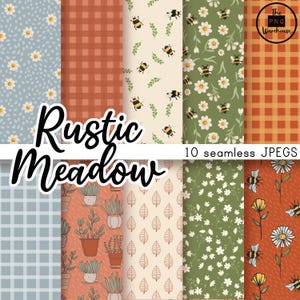 Peut inclure: Une collection de dix motifs JPEG sans couture sur le thème du pré rustique. Les motifs comprennent des marguerites, des abeilles, du vichy et des plantes en pot dans des tons de bleu, vert, orange et beige. Le texte "Rustic Meadow" est affiché.