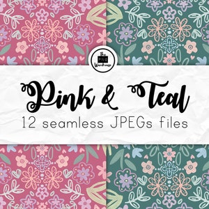 May include: A digital download of 12 seamless floral patterns in pink and teal colors. The patterns feature flowers, leaves, and hearts. The text "Pink & Teal" and "12 seamless JPEGs files" is displayed on a crumpled paper background.