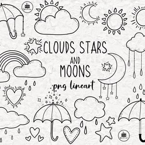 CLOUDS MOON STARS Lineart Elements 17 designs de clipart png - download instantâneo 300 dpi line art não preenchido elementos desenhados à mão doodles preto