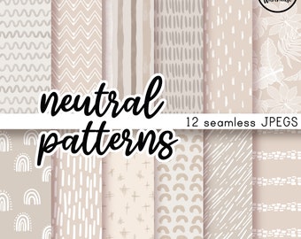 NEUTRAL PATTERNS - Seamless Pattern Pack - 12 JPegs instant download 300dpi 12x12 inches digital paper backgrounds beige latte grey boho