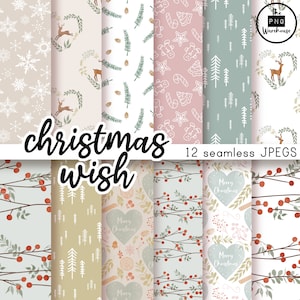 CHRISTMAS WISH - Digital Paper Pack - 12 JPegs - sofortiger download - 300dpi - 12x12 Zoll - nahtlose Muster Hintergründe grün xmas boho
