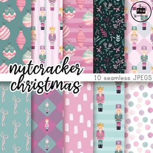 May include: A collection of ten seamless JPEG patterns with a Christmas theme. The patterns feature nutcrackers, ornaments, and other holiday designs in shades of pink, teal, and green. The words "nutcracker christmas" are written in a cursive font.