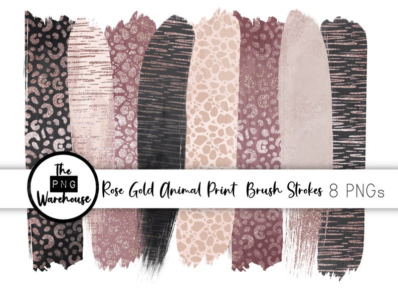 8 png clip art designs instant download 300 dpi brush strokes beige glitter neutrals tiger cow 8 ROSE GOLD animal print BRUSHSTROKES