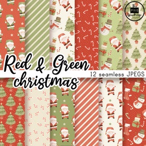 RED + GREEN CHRISTMAS - Digital Paper Pack - 12 JPegs - instant download - 300dpi - 12x12 inches seamless patterns backgrounds cute boho