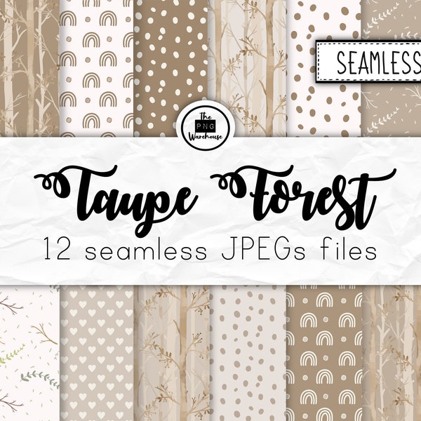 TAUPE FOREST - Digital Paper Pack - 12 JPegs - instant download - 300dpi - 12x12 inches - seamless patterns backgrounds woodlands rainbows
