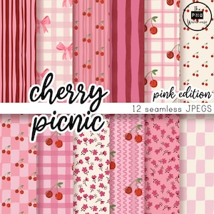 May include: Twelve seamless JPEG patterns in shades of pink, showcasing cherry and floral designs. The patterns include stripes, gingham, bows, and floral motifs, with the text "cherry picnic pink edition".