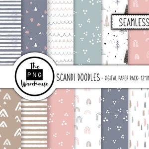 May include: A digital paper pack with 12 seamless patterns featuring Scandinavian-inspired doodles. The patterns include stripes, waves, dots, triangles, rainbows, and brushstrokes in a variety of colors, including pink, blue, gray, and brown. The text "SCANDI DOODLES - DIGITAL PAPER PACK - 12"X12"" is included in the image.