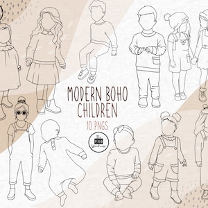 BOHO KIDS, Lineart Elements, 10 disegni clip art png, download istantaneo, linea arte 300 dpi, elementi disegnati a mano non riempiti, scarabocchi neri