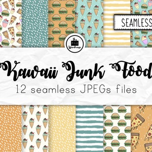 Könnte beinhalten: Ein Set mit 12 digitalen nahtlosen Mustern mit niedlichen Cartoon-Illustrationen von Junk Food. Die Muster beinhalten Pizza, Eiswaffeln, Hamburger und mehr. Die Muster sind perfekt für Scrapbooking, Kartenherstellung und andere Bastelprojekte.  "Kawaii Junk Food" und "12 nahtlose JPEG-Dateien" sind in schwarzem Text auf weißem Hintergrund geschrieben.
