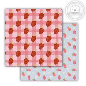 May include: Two patterned papers. One features a red and pink gingham pattern with repeating illustrations of strawberries. The other paper has a light blue background with illustrations of strawberries and small white flowers. The PNG Warehouse logo is in the upper right corner.