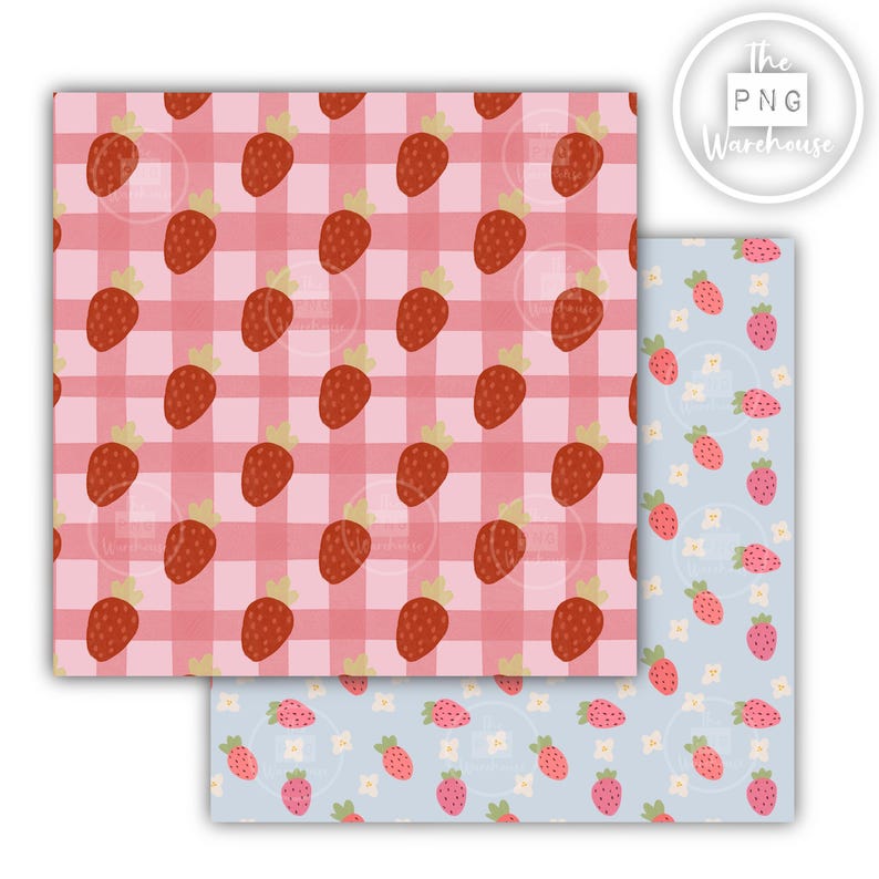 May include: Two patterned papers. One features a red and pink gingham pattern with repeating illustrations of strawberries. The other paper has a light blue background with illustrations of strawberries and small white flowers. The PNG Warehouse logo is in the upper right corner.