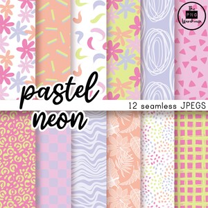 May include: A set of 12 seamless digital paper patterns in pastel colors with geometric and floral designs. The patterns are labeled "pastel neon" and "12 seamless JPEGs".