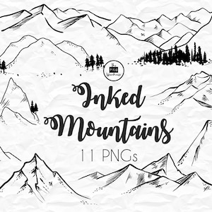 MOUNTAINS Lineart Elements - 11 designs de clipart png - download instantâneo 300 dpi line art não preenchido elementos desenhados à mão doodles preto
