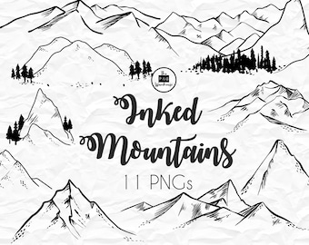 MOUNTAINS Lineart Elements - 11 png clip art designs - instant download 300 dpi line art non filled hand drawn elements doodles black