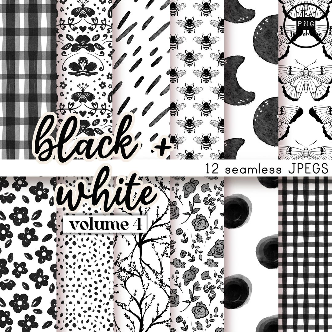 Black and White Digital Paper Pack | 12 Seamless Patterns | Check ...