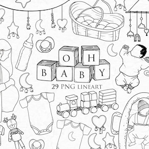 OH BEBÊ! Lineart Elements - 29 designs de clipart png - download instantâneo 300 dpi line art elementos desenhados à mão não preenchidos rabiscos pretos