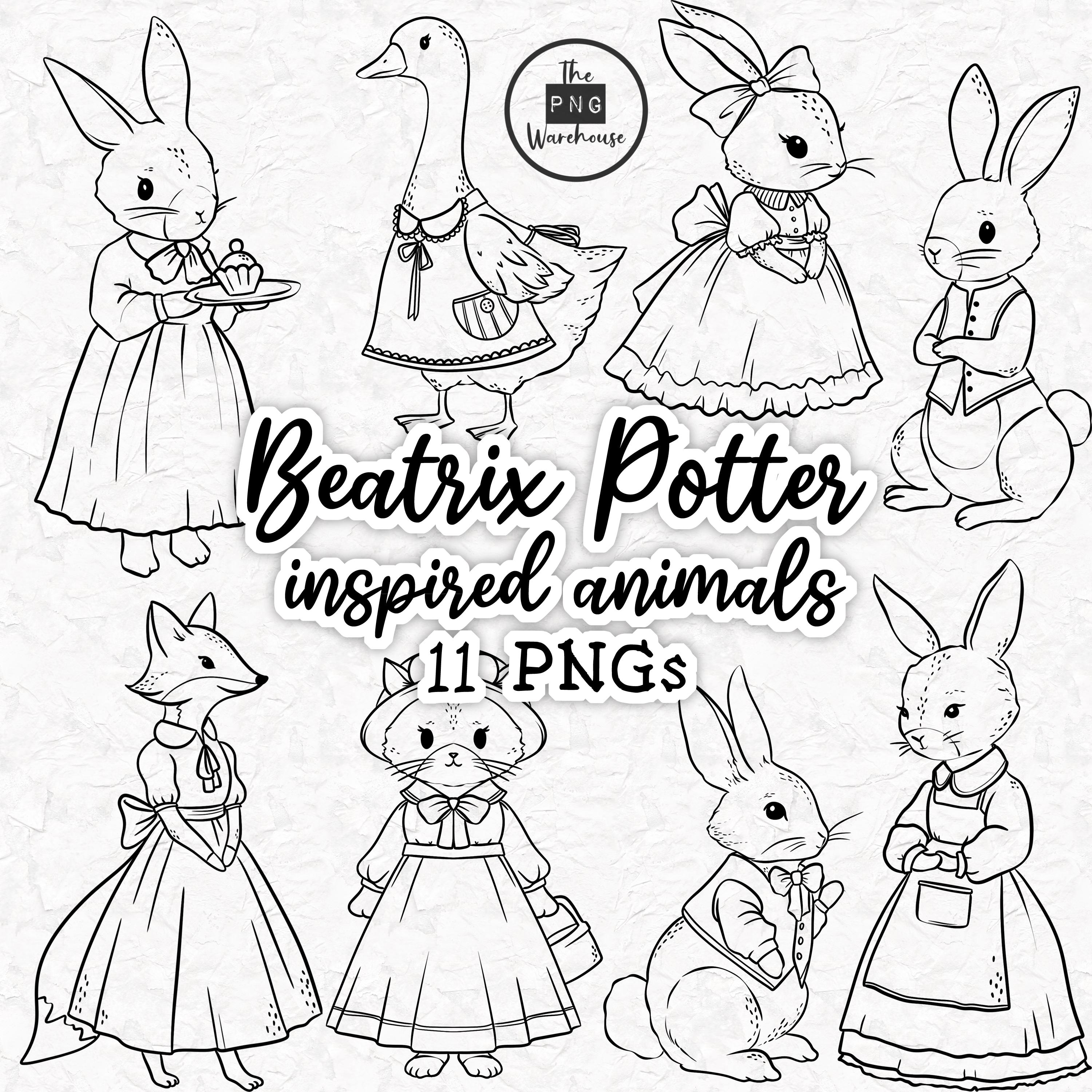 Beatrix Potter Inspired animals - lineart PNG Elements - 11 png clip art designs instant download line art - victorian illustration rabbits