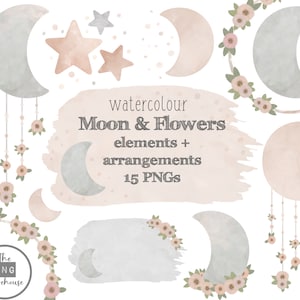May include: Watercolor illustrations of moons and flowers in soft pink and gray tones. The set includes 15 PNG files with elements and arrangements.