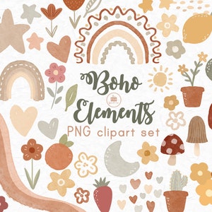 BOHO ELEMENTS - 67 png clip art designs - instant download 300 dpi - png download - boho flowers rainbows plants moon stars shapes borders