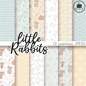 LITTLE RABBITS - Seamless Digital Paper Pack - 12 JPegs - instant download - 300dpi - 12x12 inches - nursery baby bunny woodland forest blue
