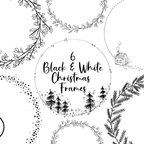 6 Black and White CHRISTMAS WREATHS - 6 png clip art designs - instant download - 300 dpi -6 inches - digital asset frames wreath christmas